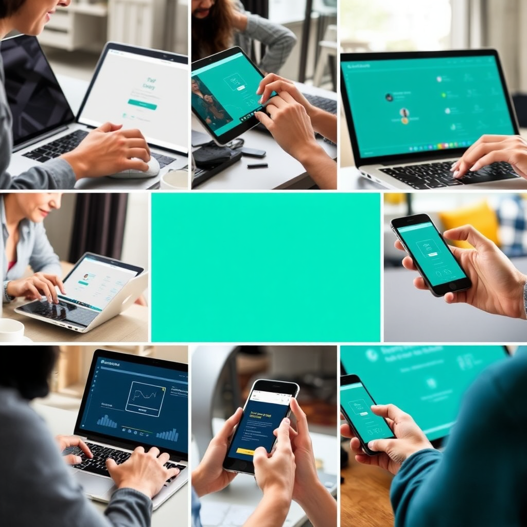 A collage featuring users interacting with various devices (laptops, tablets, smartphones) showcasing user-friendly interfaces. The visuals should represent diversity and inclusivity in digital experiences.