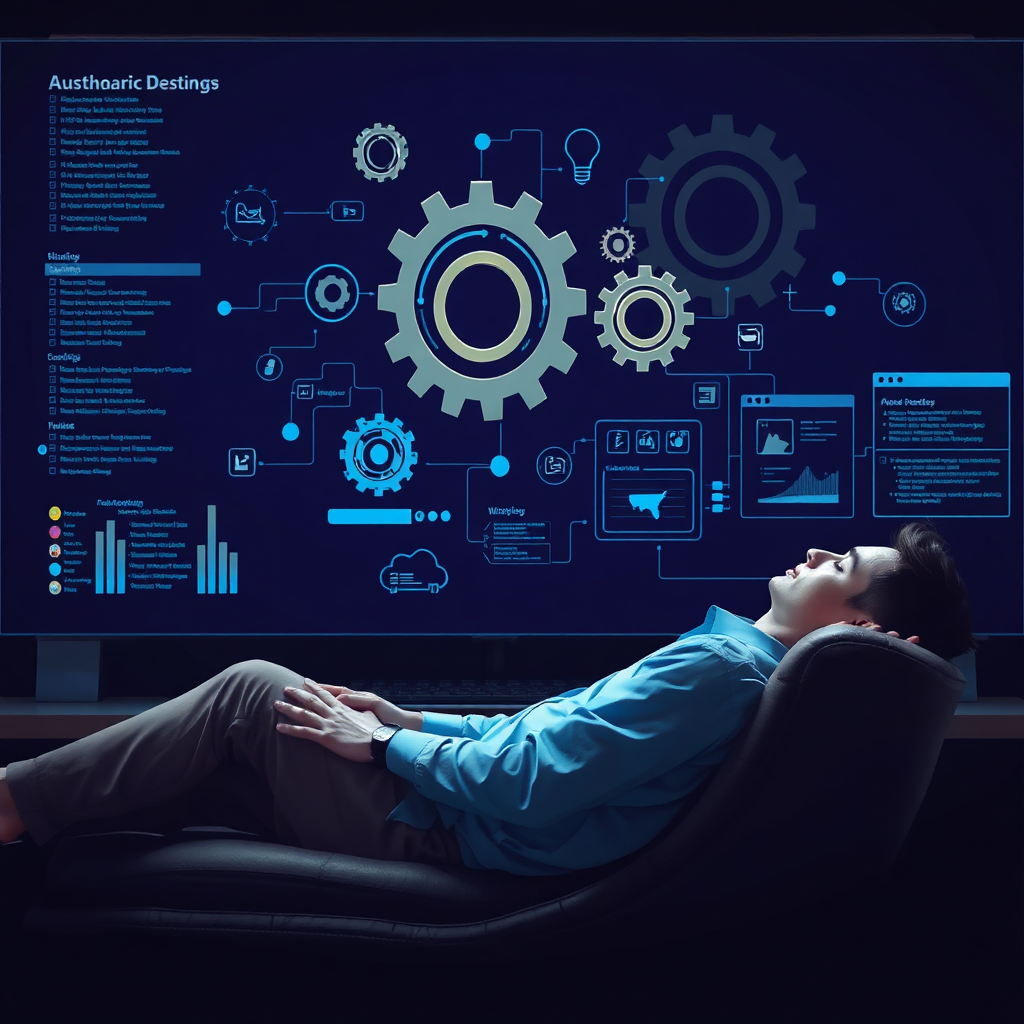  A creative depiction of a person relaxing while software automates tasks in the background depicted visually by gears and digital workflows on a dark interface.