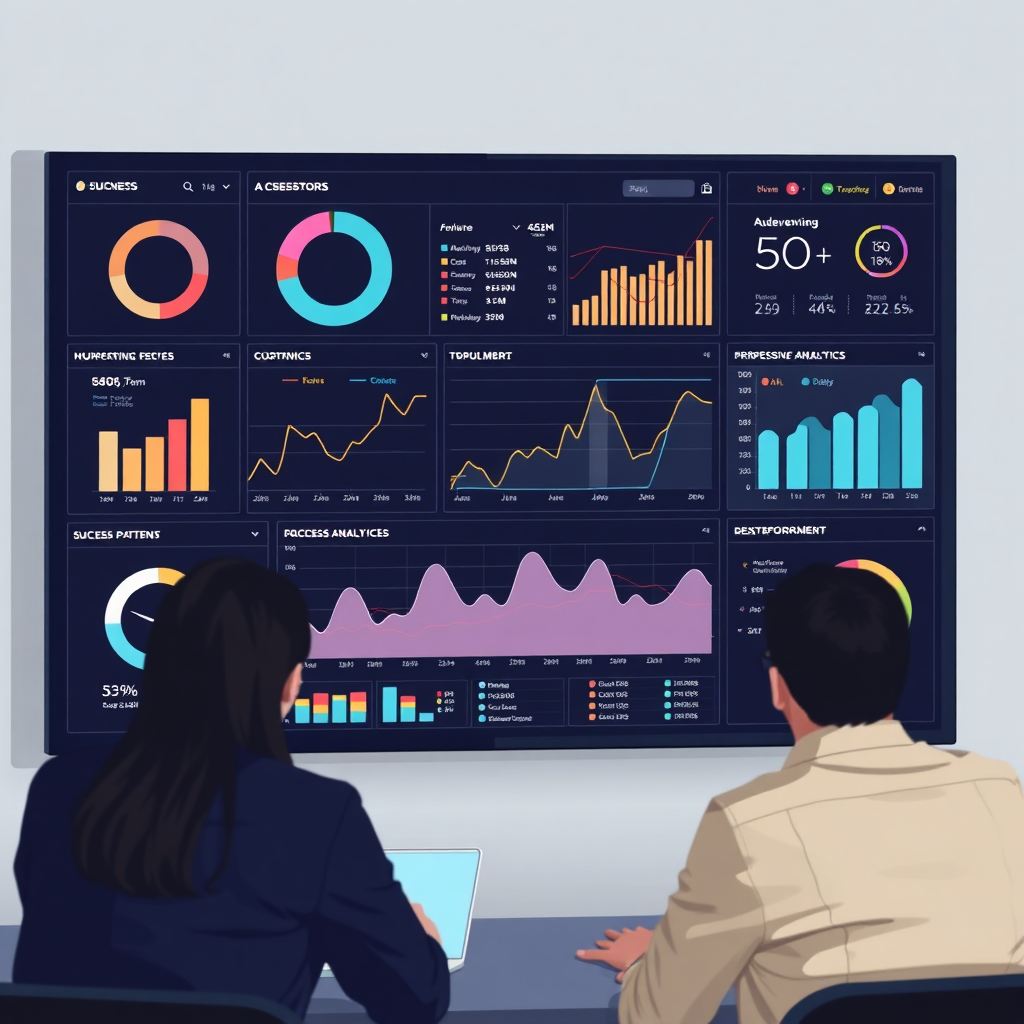  A dashboard filled with impressive analytics and results displayed on a dark screen, with a team analyzing success patterns. The depiction should symbolize achievement and progress.