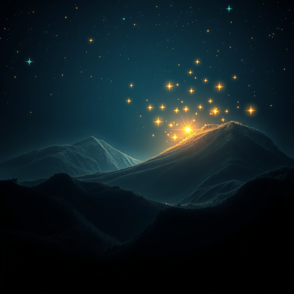 A digital landscape filled with search result listings and a prominent website highlighted. The creative dark background represents the virtual world of SEO, with keywords illuminated like stars.