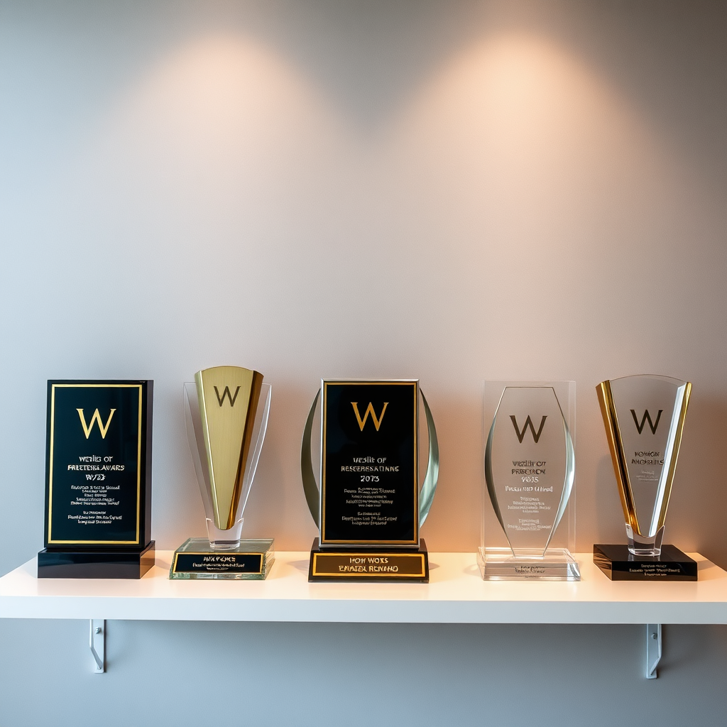  A display of prestigious awards on a shelf, showcasing the honors WXS has received. Use modern design aesthetics to emphasize prestige and achievement.