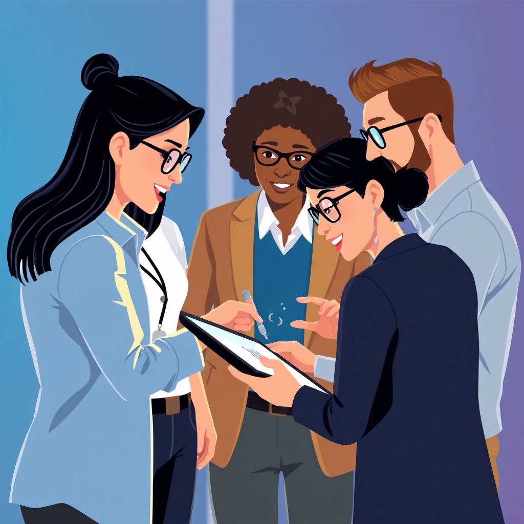 A dynamic representation of a group of professionals engaging in discussion around a digital project. Highlight their interactions and teamwork, using animated visual elements for added effect.