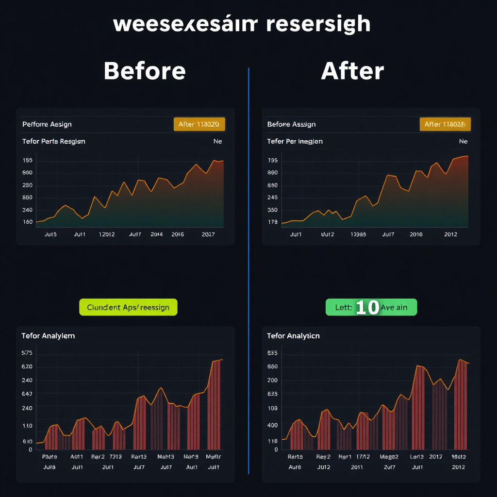 A dynamic visual comparing website performance metrics before and after a redesign, set against a dark theme. Graphs and analytics should illustrate improvement.
