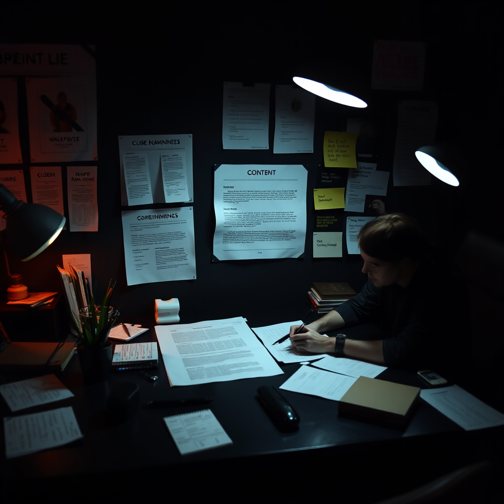A focused shot of a writer brainstorming landing page content at a dark-themed desk, with notes and mood boards around. The ambient setting should enhance creativity and clarity of messaging.