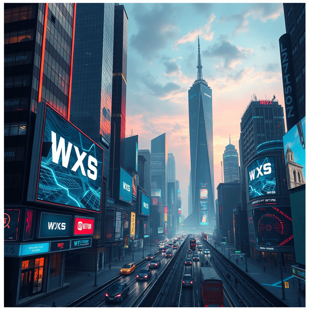 A futuristic city skyline with advanced technology, including digital billboards promoting WXS. The scene is captivating, with neon lights and a dynamic atmosphere suggesting progress and innovation.