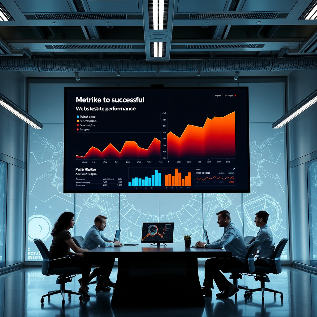  A futuristic office space with a large screen showcasing successful website performance metrics. The atmosphere should be modern and dynamic, with people collaborating around a dark table, emphasizing teamwork and success.