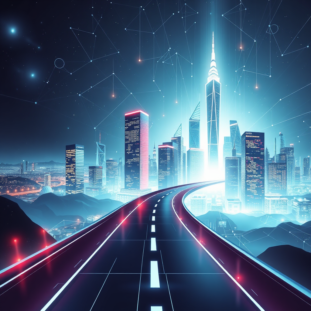 A futuristic visual that depicts a roadmap leading to a bright digital city, symbolizing growth and innovation. Use elements like skyscrapers styled as websites to emphasize the interconnectedness of the online world.