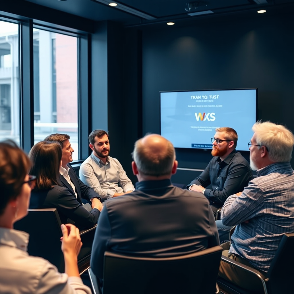  A group of satisfied clients listening to a WXS team presentation in a modern dark-themed conference room, capturing trust and collaboration at its finest.