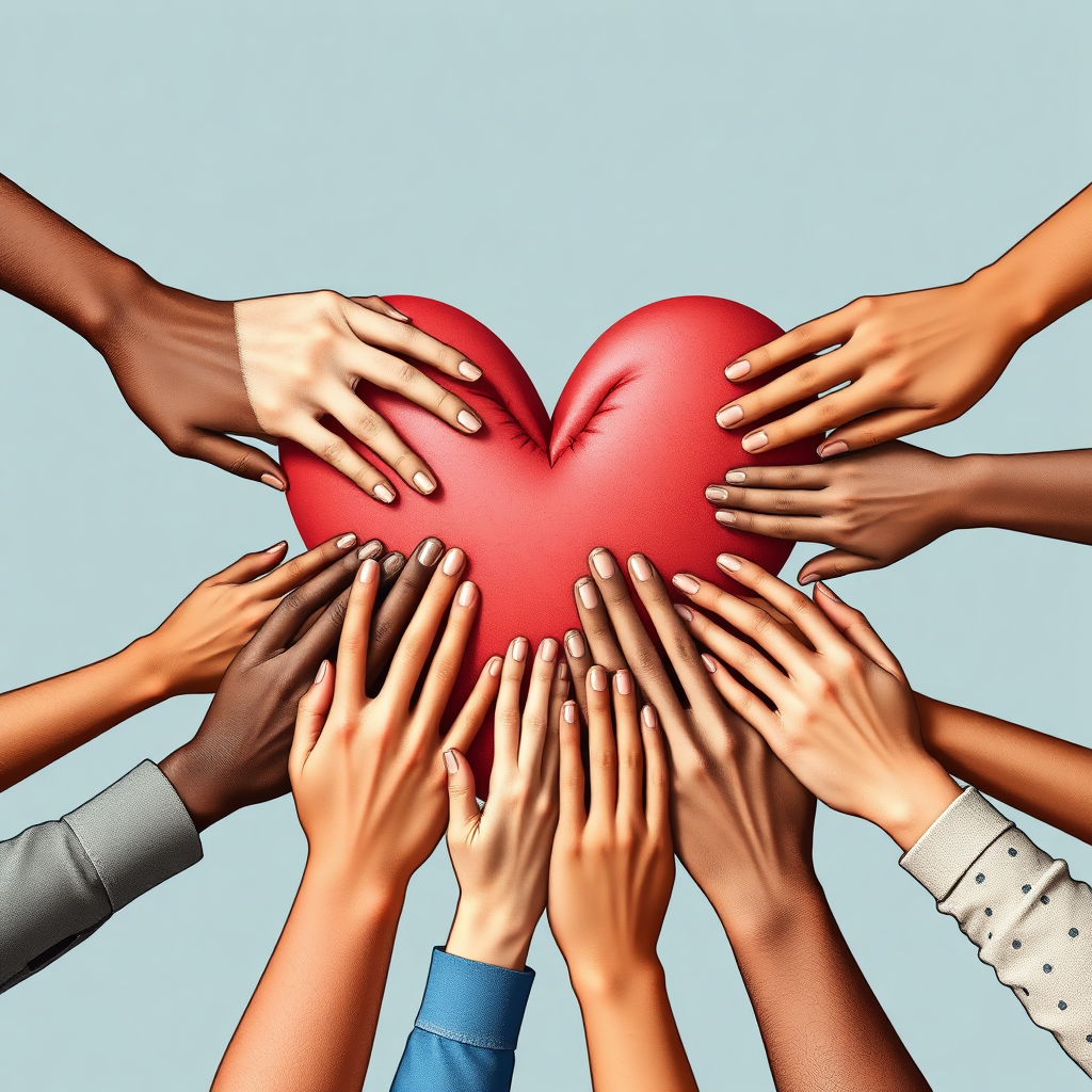 A heart symbol made of interconnected hands from diverse backgrounds, illustrating a strong network of relationships. The image should feel warm and inviting, promoting inclusivity and cooperation.