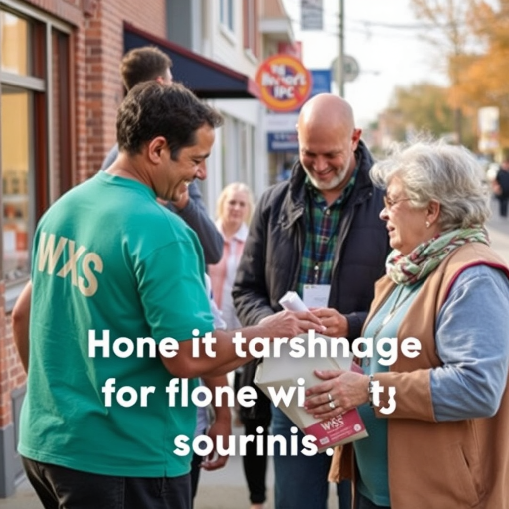  A heartwarming image of WXS team members volunteering in the community, interacting with local residents and businesses. Use warm colors to convey a sense of community and support.