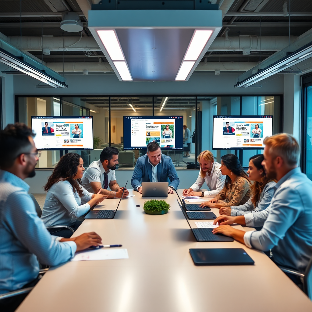  A modern and clean office environment where a diverse group of professionals are collaborating around a large table. Bright screens displaying website designs can be seen, showcasing creativity and teamwork. The room is well-lit, with a focus on teamwork and technology.