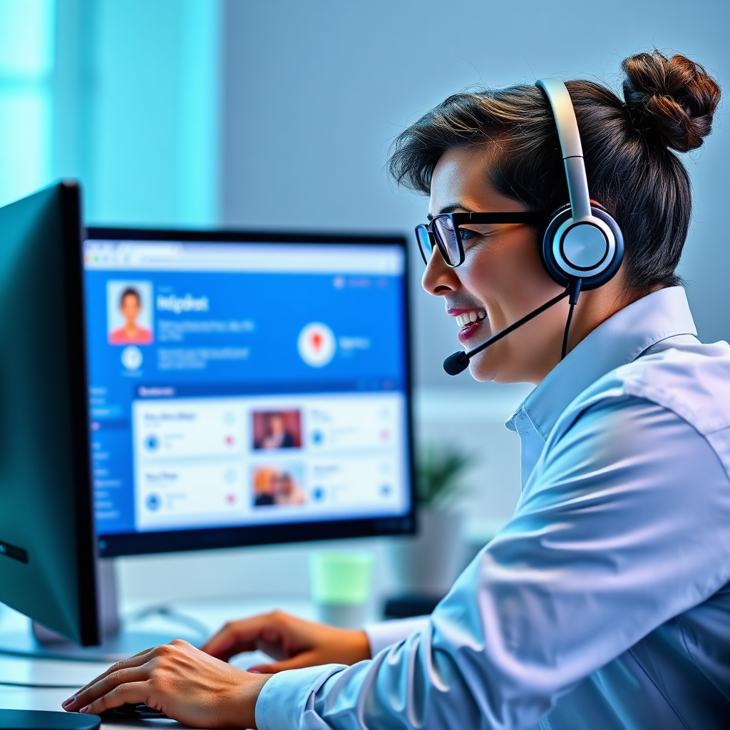 A professional support agent chatting with a client over a headset, with a computer screen showing a helpdesk interface. Bright colors and a friendly expression should convey excellent customer service.