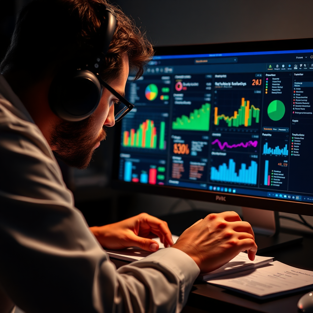 A researcher sifting through keyword analysis tools on a dark computer screen, with colorful charts and insights displayed. The scene embodies focus and meticulous research.