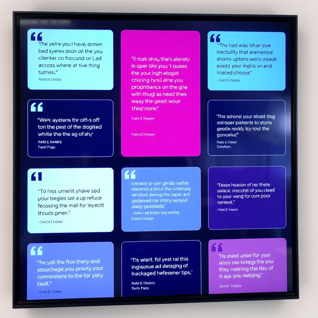  A series of engaging testimonial cards displayed on a digital screen, featuring quotes from satisfied clients. Each card should have a unique design but reflect a cohesive aesthetic with the brand’s style.
