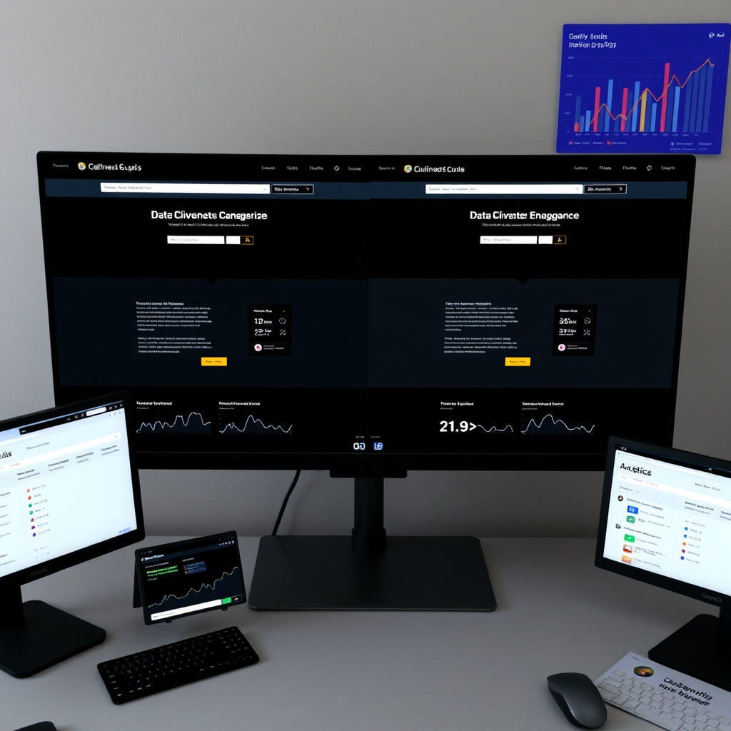 A split screen with two different versions of a landing page in dark mode, under analysis. Visual analytics tools and metrics displayed on screens nearby emphasize data-driven design improvements.