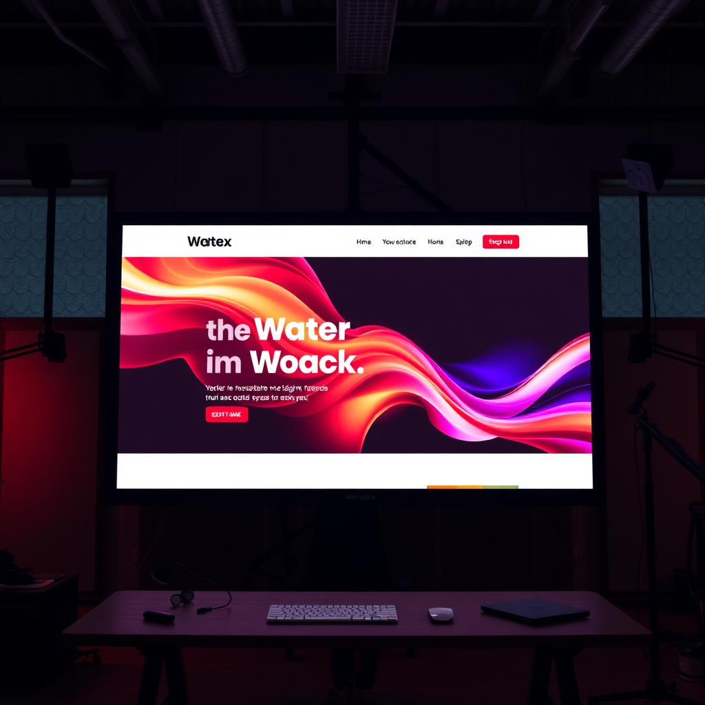 A striking website mockup displayed on a large screen in a dimly lit design studio. The mockup should highlight vibrant colors, modern typography, and sleek design elements, showcasing creativity and innovation.