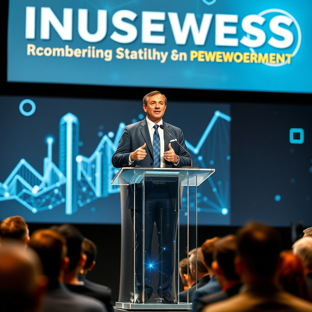 A strong visual of a business leader standing confidently on a podium, delivering a speech to an audience. The backdrop displays innovative digital elements, suggesting growth and empowerment in the business world.