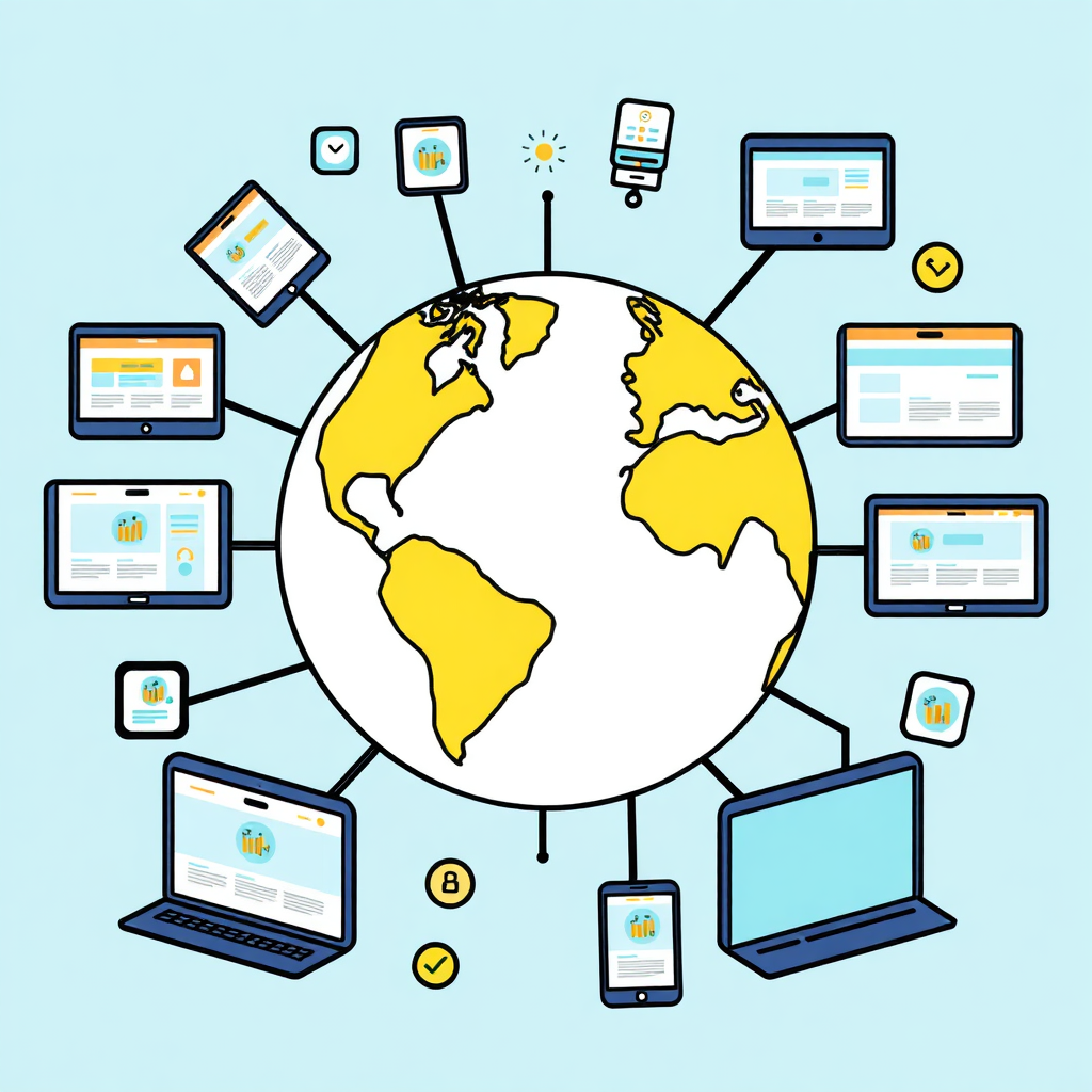 A stylized globe surrounded by various digital devices displaying websites, implying global connectivity. Use a modern color palette to emphasize the digital aspect of today’s business landscape.