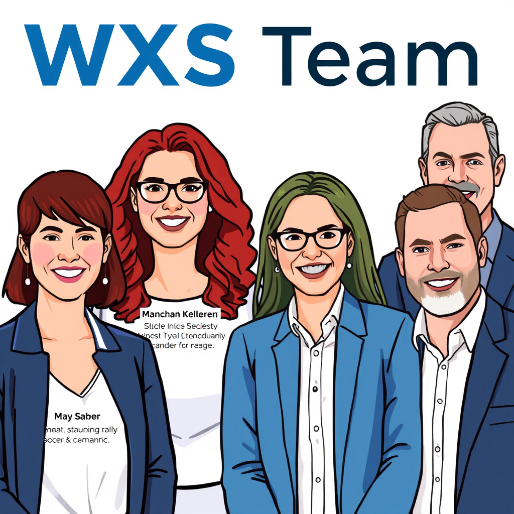 A stylized group portrait of the WXS team, each member highlighted with their role and expertise. The background should be bright and welcoming, emphasizing the diverse skill set of the team.