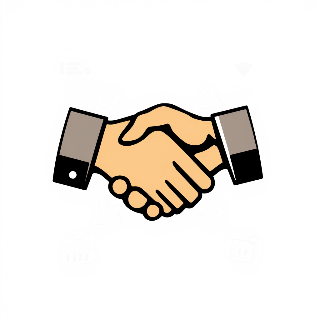  A stylized visual representation of a partnership handshake, symbolizing collaboration and trust. The background features abstract shapes or icons related to web design and technology, combining professionalism with creativity.