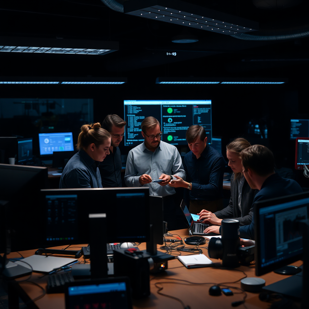  A team of professionals collaborating efficiently in a dark-themed workspace, with tools and devices displaying automated workflows. The scene conveys teamwork and enhanced productivity.