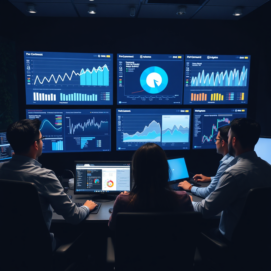 A team of professionals reviewing analytics and performance indicators in a dark-themed control center, emphasizing teamwork and proactive management to ensure optimal website performance.