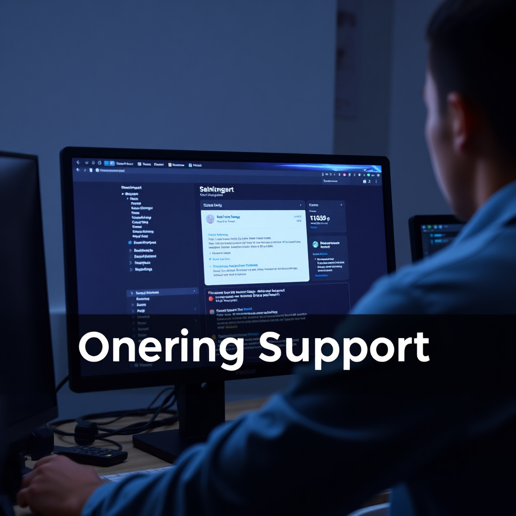 A technician monitoring a dark computer screen displaying website performance and updates, with calming ambient light. The assurance of ongoing support is visually represented in a professional setting.