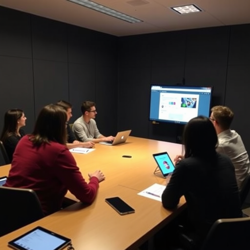 A user testing a redesigned website in a dark meeting room, with feedback forms and digital devices around. The focus should be on innovation and user engagement.