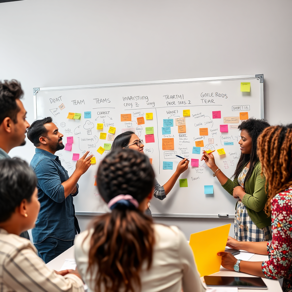  A vibrant team meeting with multicultural individuals brainstorming ideas on a whiteboard. Show enthusiasm and collaboration in their expressions, with colorful notes and designs around them.