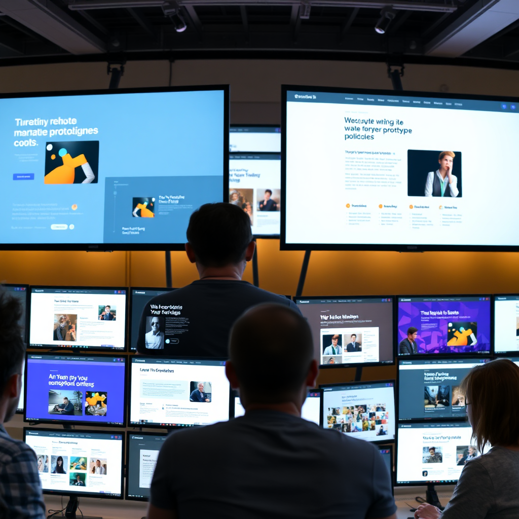 A visual montage of various web design prototypes displayed on screens, highlighting creativity and attention to detail. The setting is dynamic, with team members reviewing options together.
