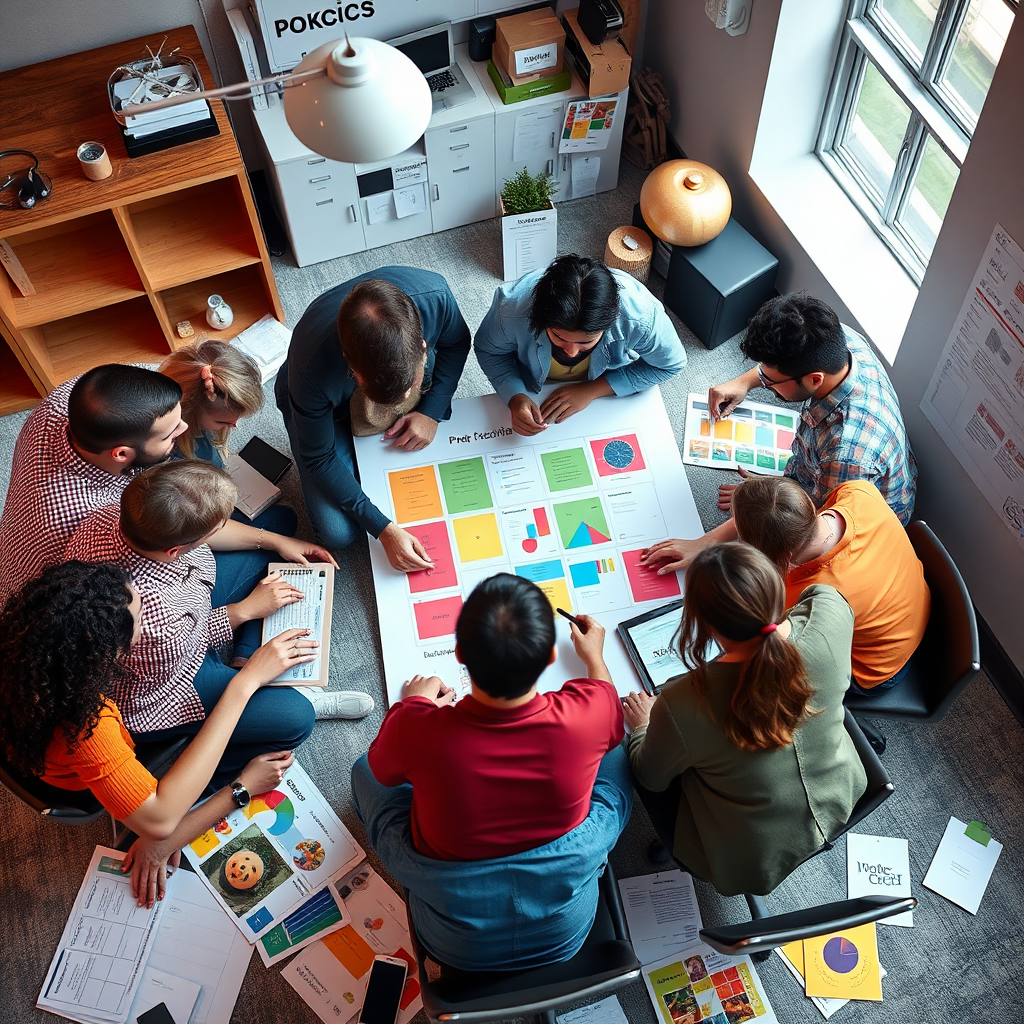 A visual of a diverse team collaborating on a project plan with colorful layouts and designs scattered around. The environment should reflect creativity and high energy, emphasizing teamwork in web development.