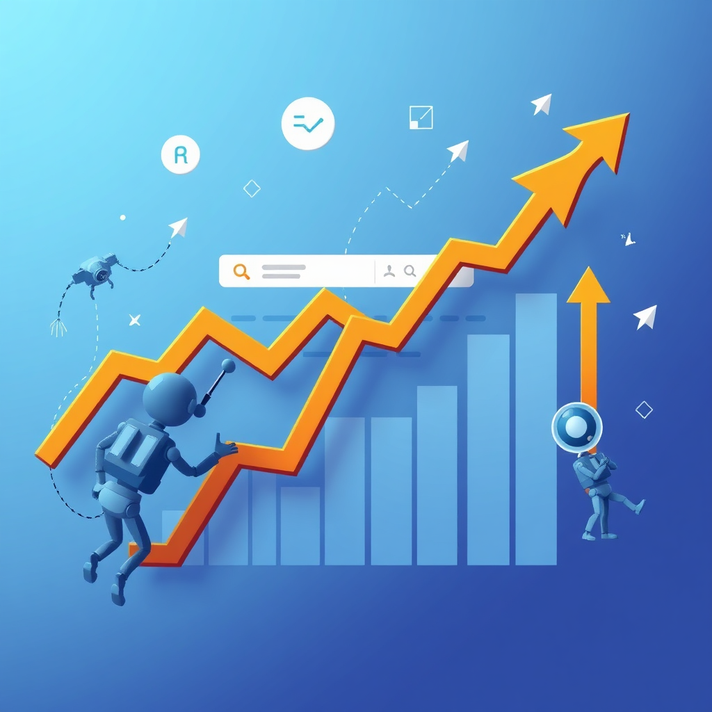 A visual of a website ranking high on a search engine results page, complemented with graphics of search bots and algorithms interacting with the site. Use graphs and upward arrows to symbolize positive SEO performance.