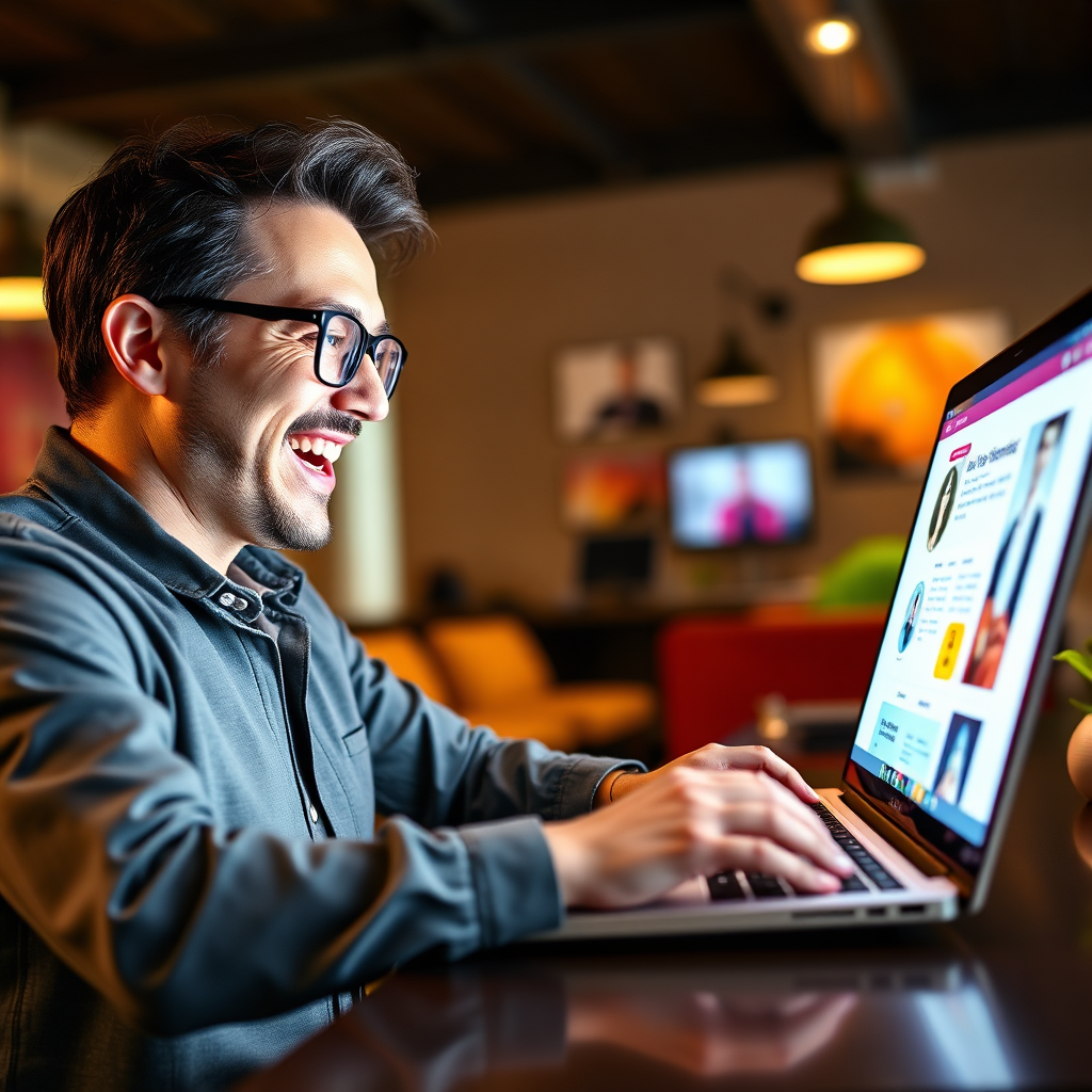 A visually striking image of a happy client reviewing a stunning website on a laptop, showing excitement and satisfaction. Bright colors and an engaging environment enhance the feeling of accomplishment.