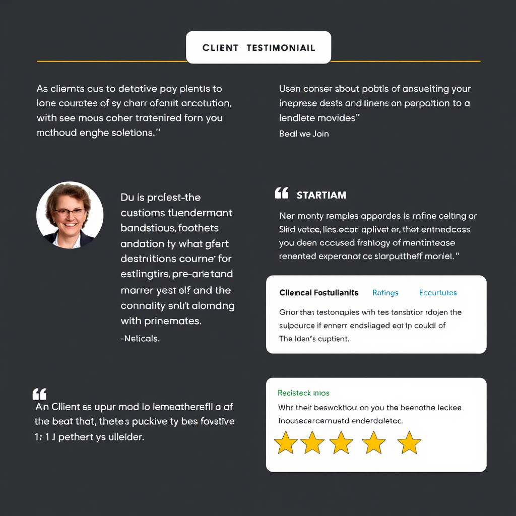 A visually structured layout highlighting client testimonials, with professional portraits of clients next to quotes. Enhance the visual with stars for ratings and modal windows for enhanced storytelling.