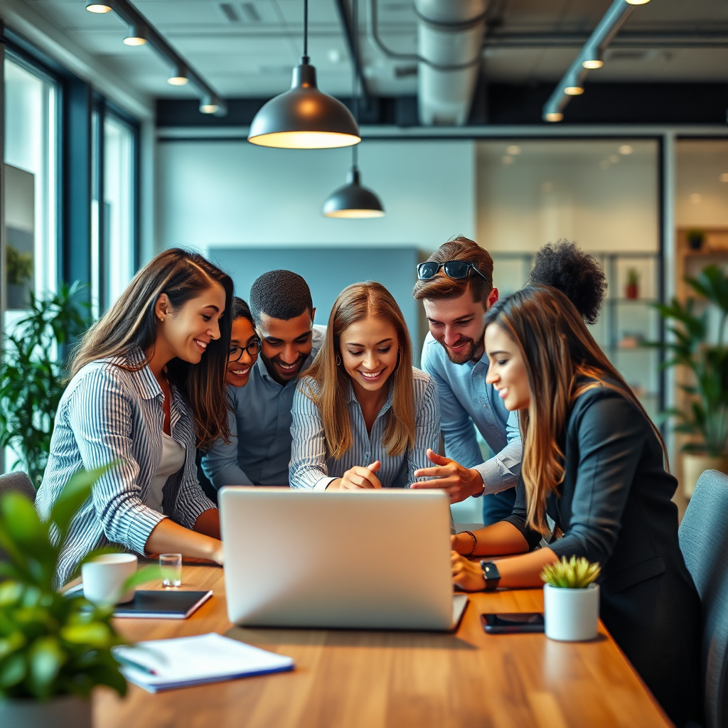 A warm and inviting office setting that conveys a sense of teamwork and dedication. Show a diverse group of professionals collaborating over a laptop, brainstorming ideas and forging connections that illustrate the essence of partnership and support.