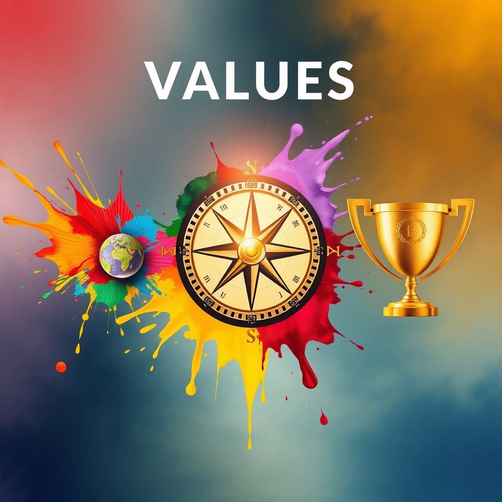 An abstract representation of values using visual metaphors like a shining compass to signify integrity, colorful paint splashes for creativity, and a trophy for excellence. This should convey a sense of direction and aspiration.