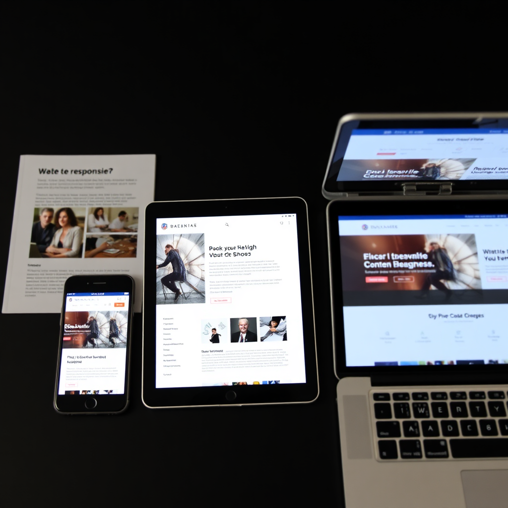 An array of devices on a dark table, including a smartphone, tablet, and laptop, all displaying the same responsive website. The lighting should enhance the devices' screens, showing the website's adaptability and responsiveness.