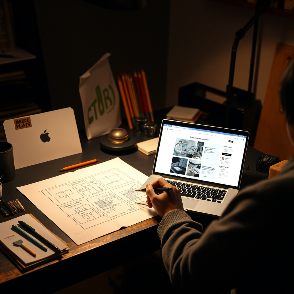 An artisan sitting at a dark-themed desk, sketching website layouts on paper with a laptop displaying a partially completed website. The scene should emphasize creativity and personalization, with warm lighting illuminating the workspace.