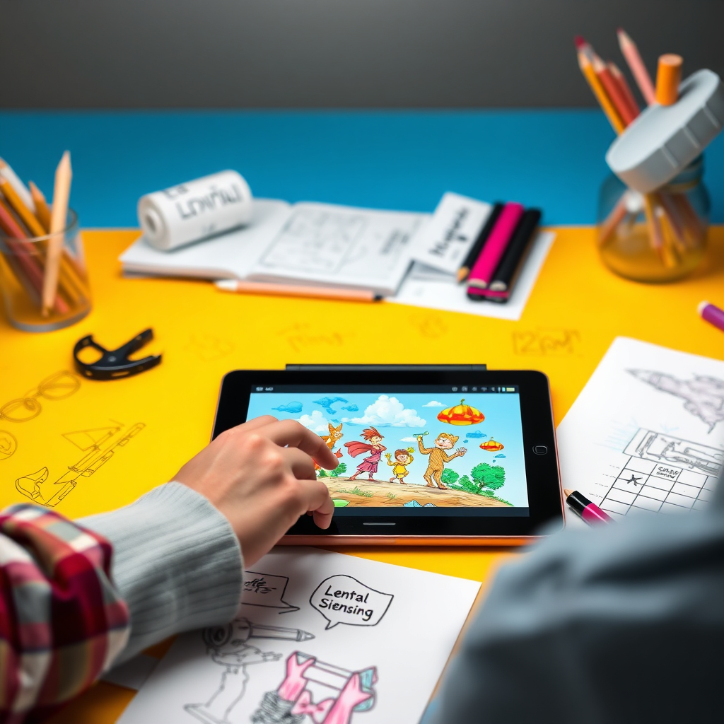  An artist creating a digital masterpiece on a tablet, surrounded by sketches and design ideas. Bright colors and a creative atmosphere should reflect the enthusiasm and artistic aspect of web design.