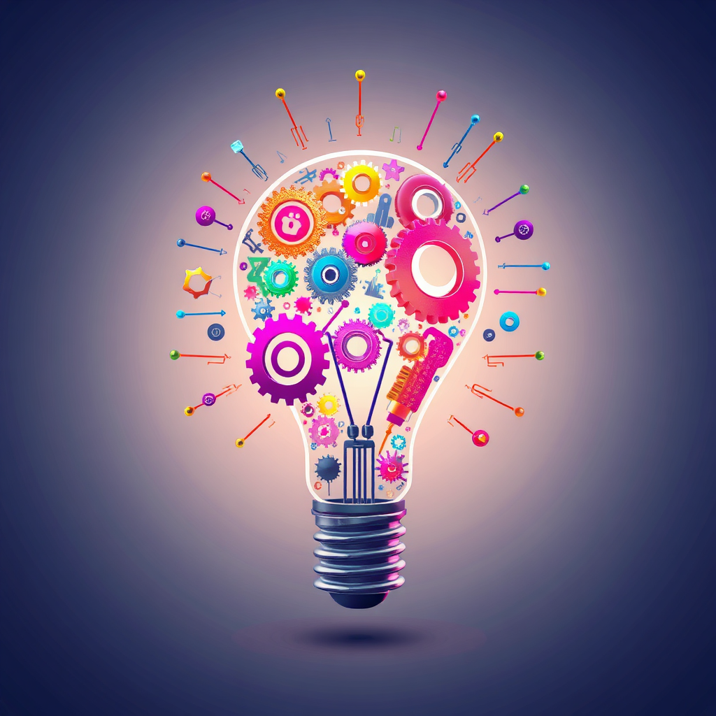 An artistic representation of a lightbulb made of various digital elements and gears, symbolizing innovation and creativity in technology. The colors should be vibrant and eye-catching, reflecting modernity.