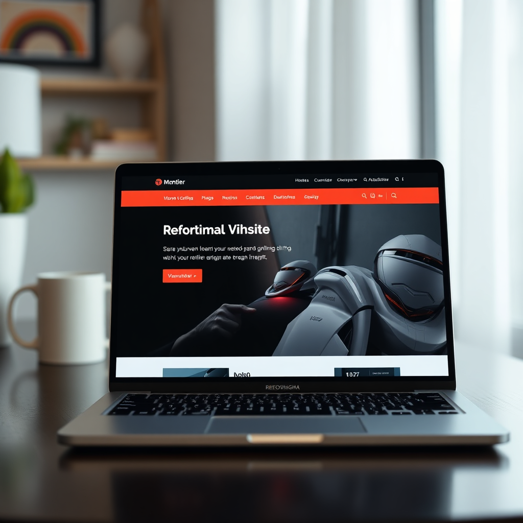 An artistically redesigned website displayed on a laptop, showcasing a sharp contrast with the old version in the background. The environment should evoke transformation and creativity.
