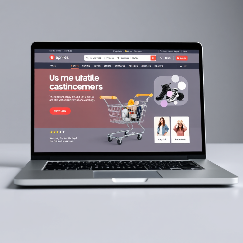 An attractive e-commerce website layout displayed on a laptop, featuring products and a shopping cart. Include visual elements like payment methods and customer reviews that enhance the shopping experience.