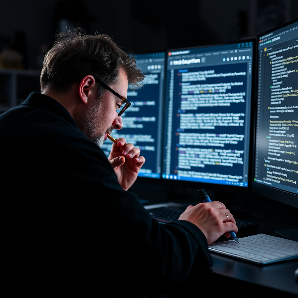 An editor meticulously adjusting meta descriptions in a dark-themed content management system, symbolizing attention to detail. The environment should reflect a blend of creativity and technology.