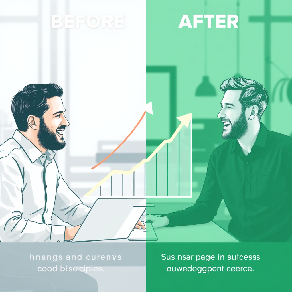 An engaging before-and-after scene showing a client's success journey. Illustrate how a business has evolved with our web development services using visuals like an upward trajectory graph and happy, engaged clients.