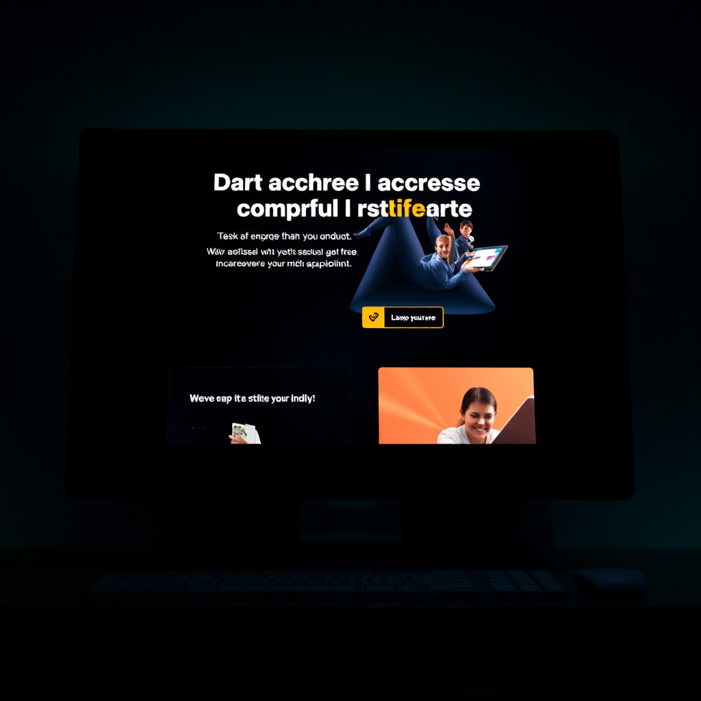 An eye-catching landing page designed in dark mode on a computer screen, featuring bold CTAs and engaging visuals. The surrounding space should convey urgency and excitement, enticing visitors to engage.