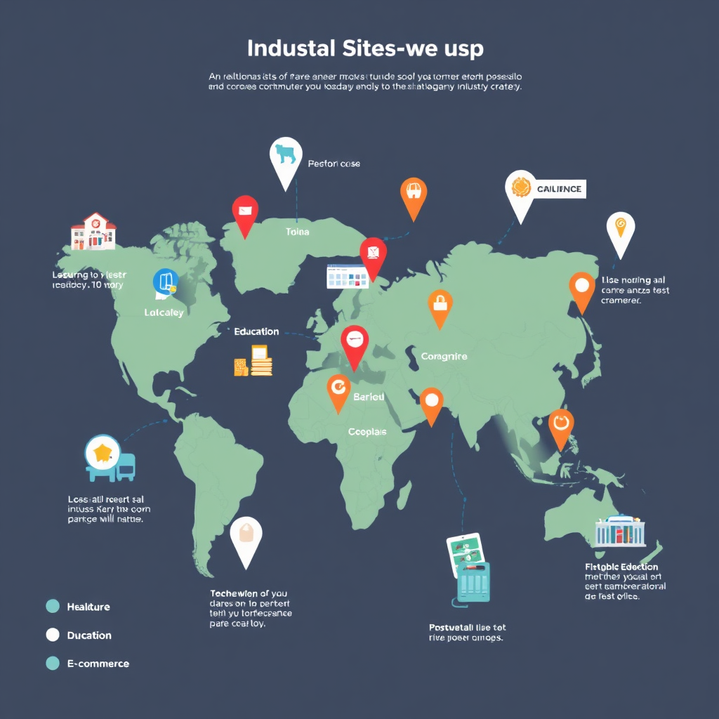 An illustrated map indicating various industries (like healthcare, education, and e-commerce), with pins marking sites we've created. Use an infographic style to segregate each industry visually for easy understanding.