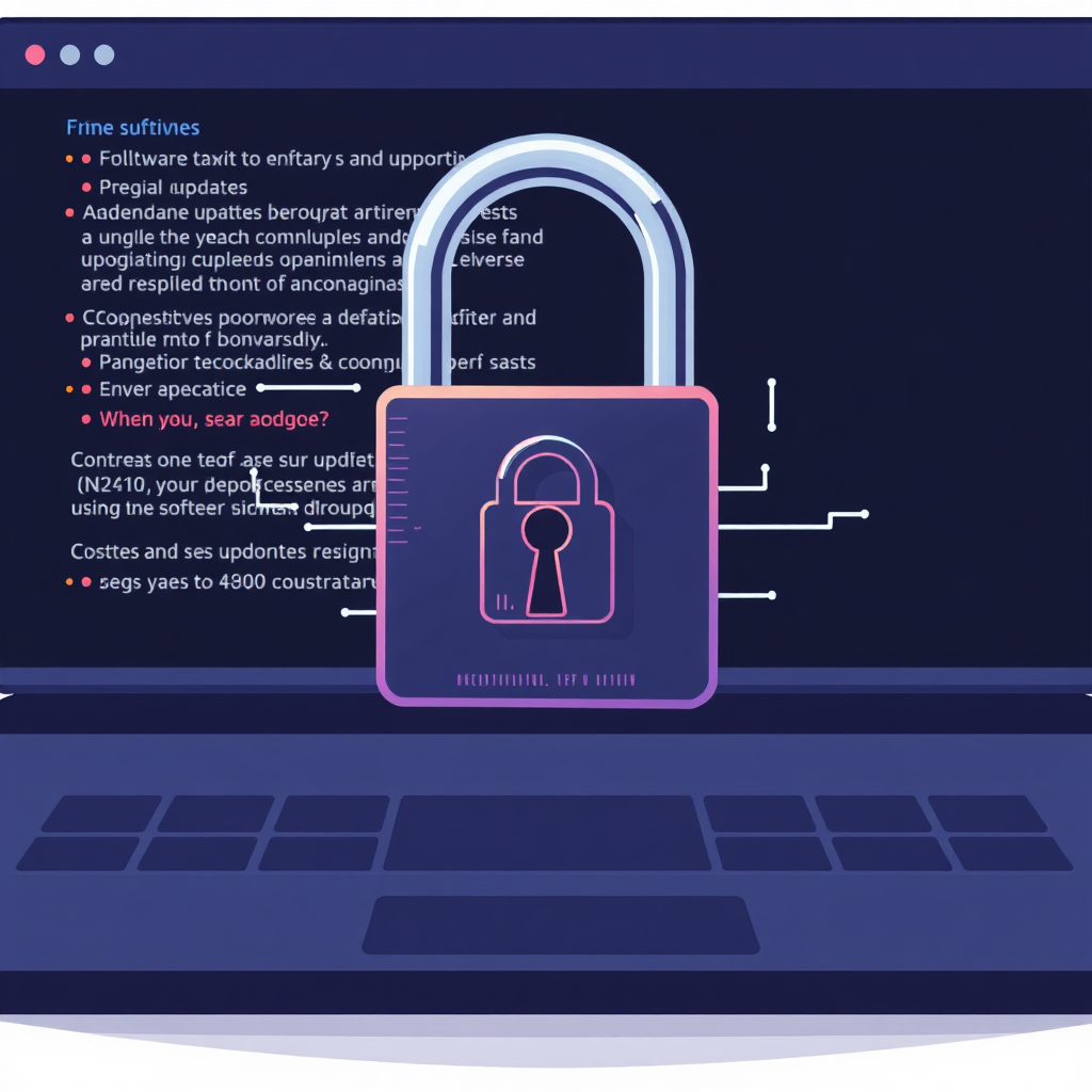 An illustration of a digital lock symbolizing security being applied through software updates on a dark-themed interface, highlighting the importance of regular maintenance.