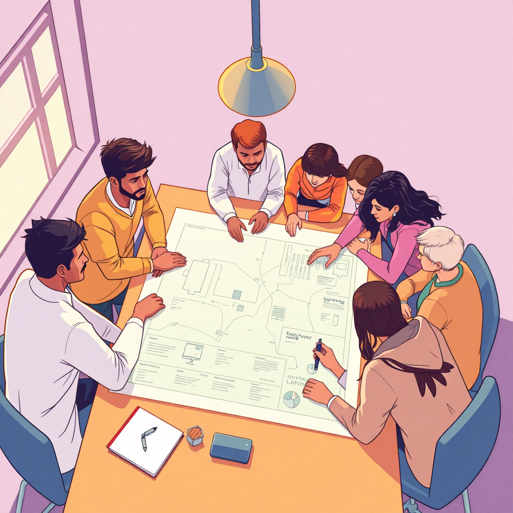 An illustration of people from diverse backgrounds coming together around a table, collaborating over a large blueprint of a website. Use warm colors and light to create an inviting atmosphere for collaboration.