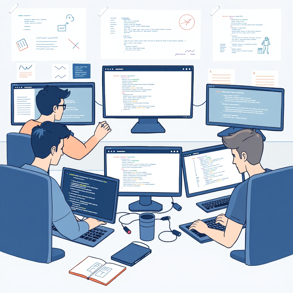 An illustration showing a team of developers actively coding on computers, surrounded by notes and sketches. Display a variety of screens highlighting different aspects of website development such as front-end and back-end programming.