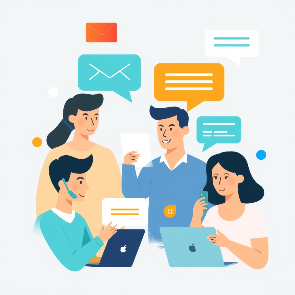 An image of a team communicating through various methods (like email, phone, and chat) depicted in an engaging and modern style. Highlight elements of speed, such as notifications or quick chat responses.